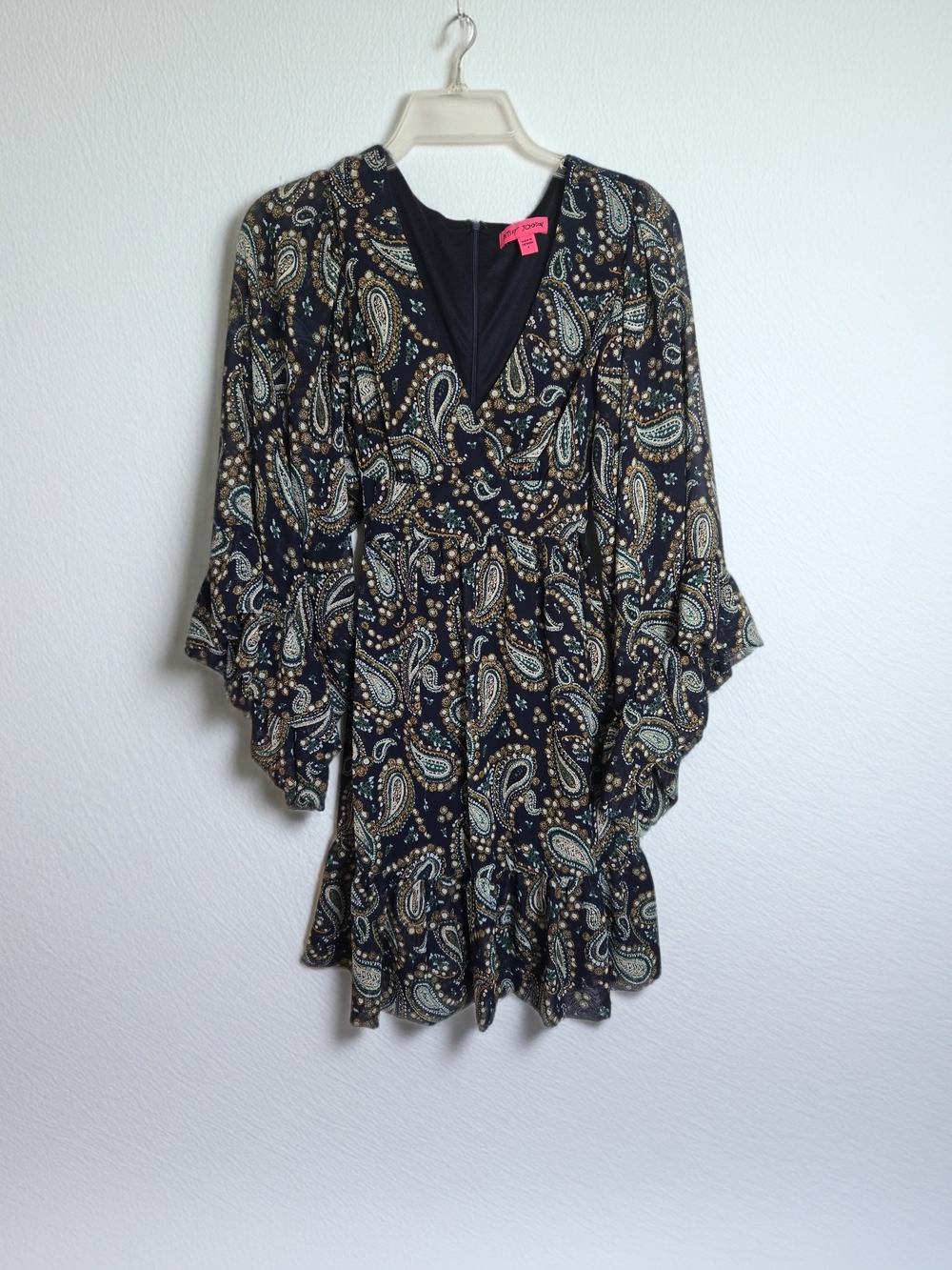 Betsey Johnson Boho Black Paisley Long Sleeve V-Neck Dress Teal & Gold Size 4